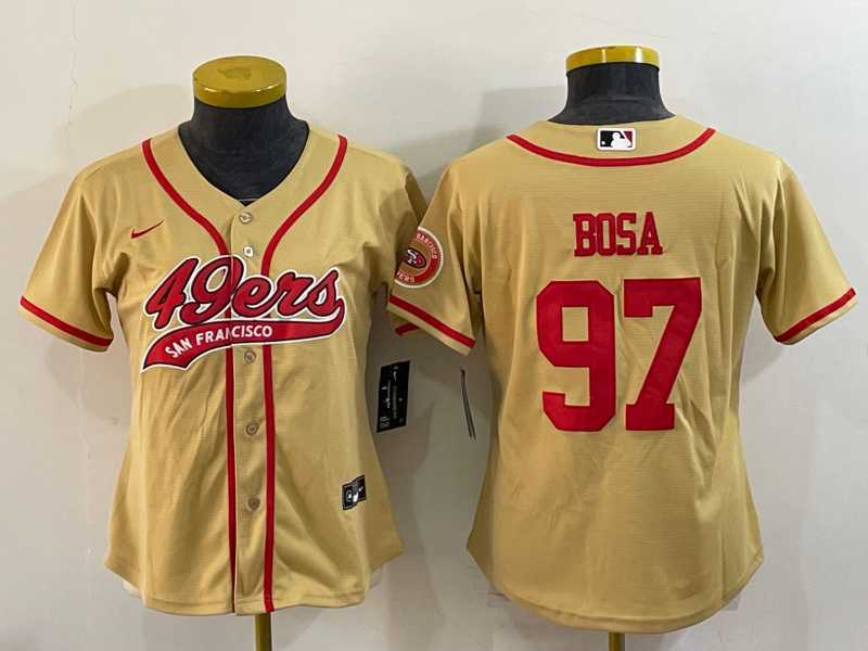 Women%27s San Francisco 49ers #97 Nick Bosa Gold With Patch Cool Base Stitched Baseball Jersey
